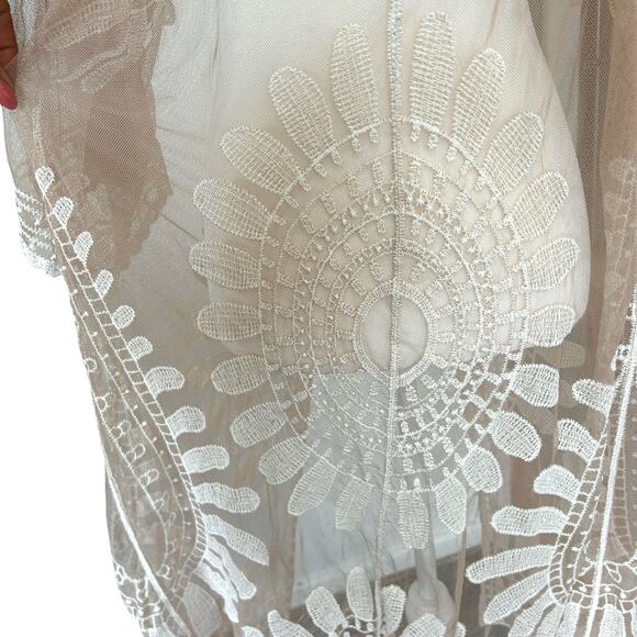 Rebellion Boho Open Duster Swim Cover Medium Tan Cream Floral Embroidery Sheer - Picture 13 of 16